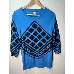 J.Crew Womens Blue Geometric Pattern 3/4 Sleeve Knit Sweater *stains* MerinoWool